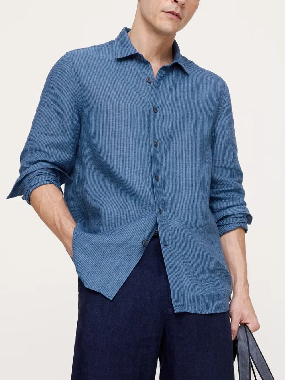 NWT Banana Republic Men's Blue Stripe Linen-Cotton Standard-Fit Textured Shirt M